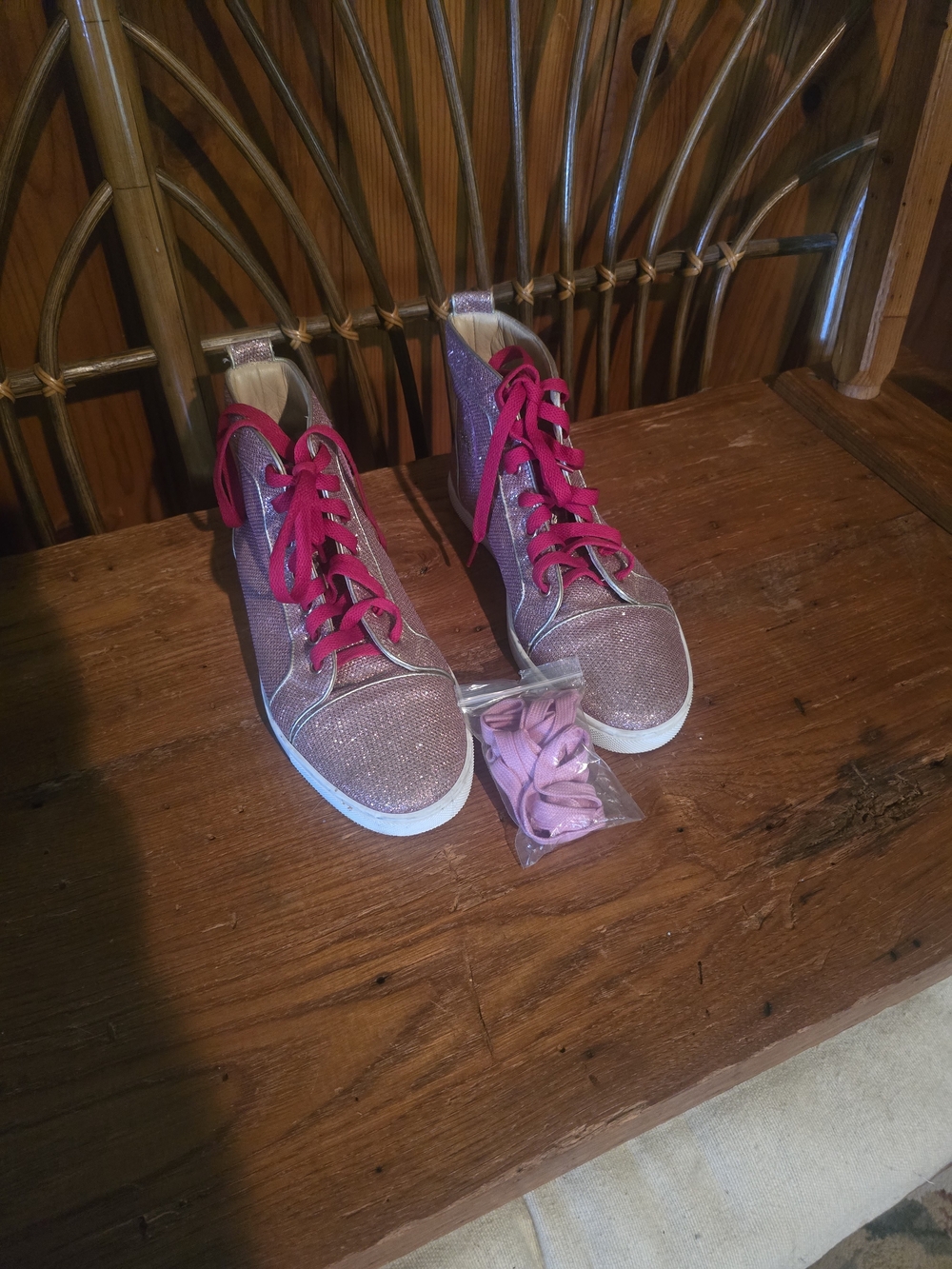 Christian Louboutin Sparkly Pink High Top Sneakers with Hot Pink Laces - Picture 12 of 16